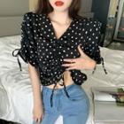 V-neck Drawstring Dotted Cropped Blouse