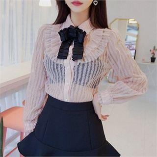 Frilled Faux-pearl Button Sheer Blouse With Brooch
