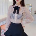 Frilled Faux-pearl Button Sheer Blouse With Brooch