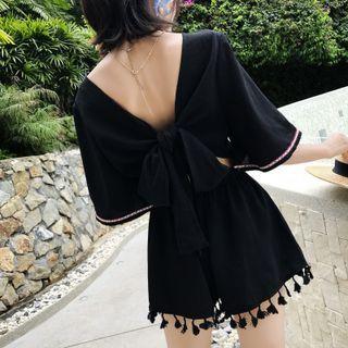 Elbow-sleeve Tie-back Tasseled Romper