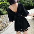 Elbow-sleeve Tie-back Tasseled Romper