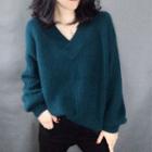 Long-sleeve Plain V-neck Knit Sweater
