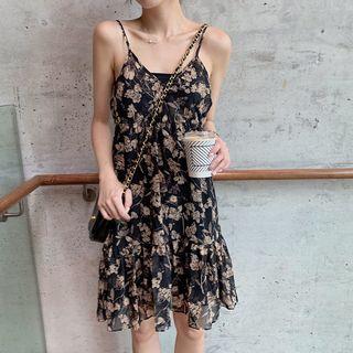 Spaghetti Strap Floral A-line Chiffon Dress