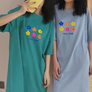 Flower Print Elbow-sleeve T-shirt Dress