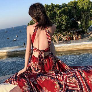 Patterned Halter Maxi A-line Dress