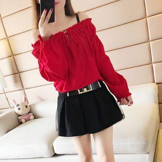 Long-sleeve Frilled Off-shoulder Top