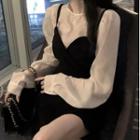 Set: Puff-sleeve Blouse + V-neck Spaghetti Strap Dress