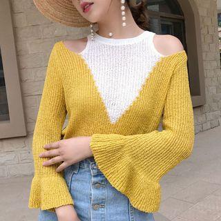 Cold Shoulder Color Block Bell-sleeve Sweater