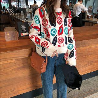Pattern Puff-sleeve Loose-fit Sweater