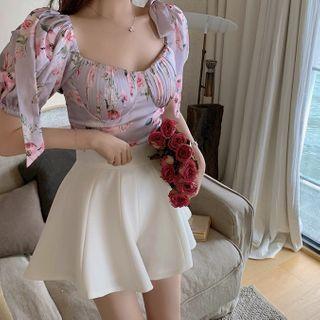 Floral Short-sleeve Slim-fit Top / High-waist Shorts