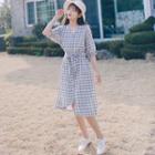 Check Elbow-sleeve A-line Midi Dress