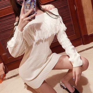 Off-shoulder Fringed Mini Sweater Dress White - One Size