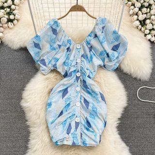 Off-shoulder Printed Crinkled Sheath Dress