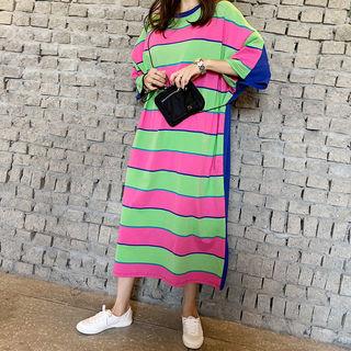 Striped Long T-shirt Dress Light Green - One Size