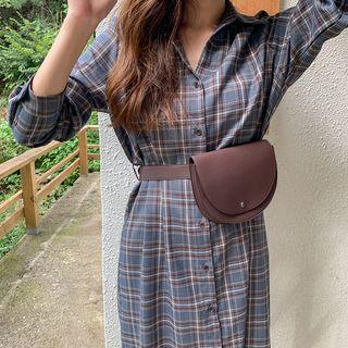 Plaid Long Shirtdress With Sash Gray - One Size