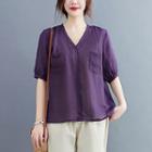 Lace Panel Pocket Short-sleeve V-neck Blouse