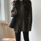 Slit-front Cable-knit Sweater With Cord Charcoal Gray - One Size