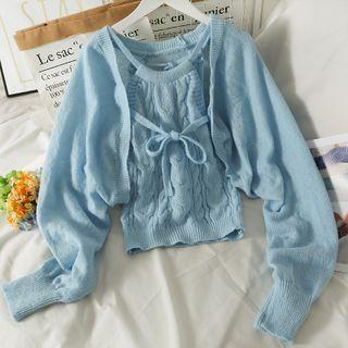 Set: Cable-knit Halter Top + Dolman-sleeve Knit Shawl Blue - One Size