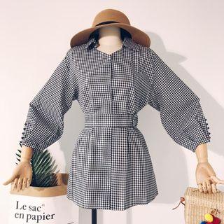 3/4-sleeve Gingham Tie-waist Top