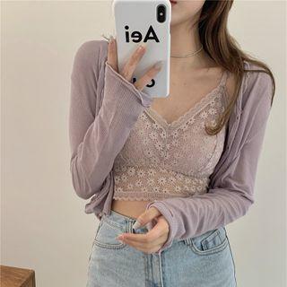 Frill Trim Plain Cardigan / Floral Frill Trim Camisole