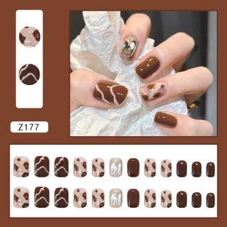 Rhinestone Leopard Print Faux Nail Tips Z177 - Brown - One Size