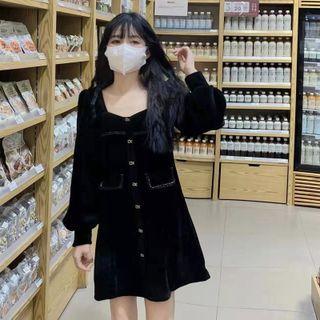 Long-sleeve Square-neck Mini A-line Velvet Dress Black - One Size