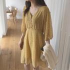 3/4-sleeve Floral A-line Dress Yellow - One Size