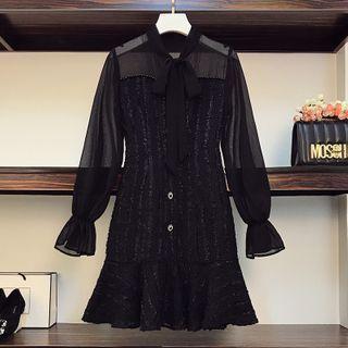 Bow-neck Mesh Panel Mini A-line Dress