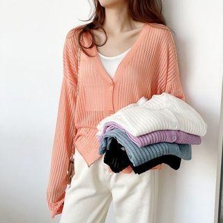 Long-sleeve Plain Cut-out Knit Cardigan