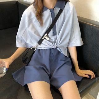Set: Color-block Short-sleeve Polo-shirt + Plain Shorts