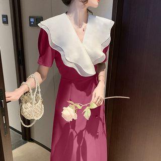 Short-sleeve Wide Collar Slit Midi Dress