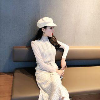 Long-sleeve Sheer Top / Frayed Plaid Vest / Midi A-line Skirt