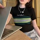 Short-sleeve Letter Embroidered Striped T-shirt Black - One Size
