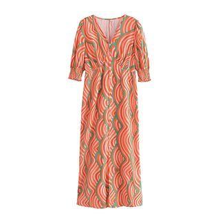 Elbow-sleeve Print Maxi Sheath Dress