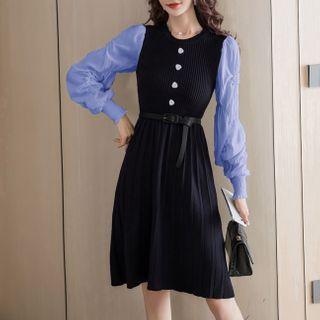 Two-tone Puff-sleeve Mini A-line Knit Dress