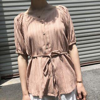 Short-sleeve Chiffon Blouse With Cord