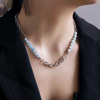 Couple Matching Beaded Chain Necklace Sliver & Blue - One Size