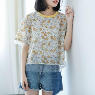 Floral Print Mock Two-piece Short-sleeve Top