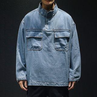 Mock-turtleneck Half-zip Denim Top