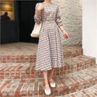 Round-neck Belted-detail Checked Dress Beige - One Size