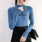 Mock Neck Button Letter Embroidered Knit Top