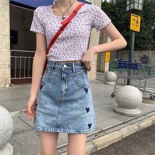 Heart Embroidered Denim Mini Skirt