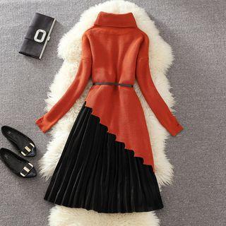 Set: Turtleneck Asymmetric Sweater + Pleated Midi Skirt