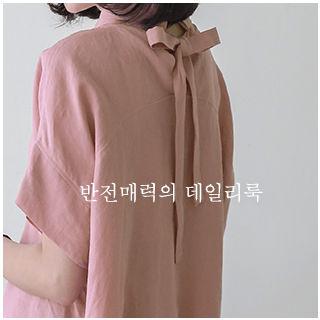 Hidden-button Tie-back Blouse