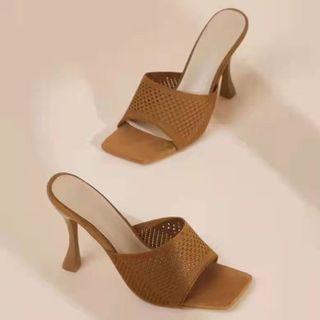 Chunky Heel Pointelle Knit Slide Sandals