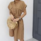 Wide-placket Midi Shirtdress With Sash