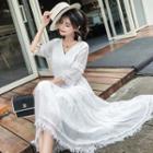 3/4-sleeve A-line Midi Fringe Dress