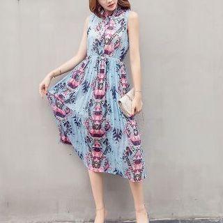 Printed Pleated Sleeveless Midi A-line Dress