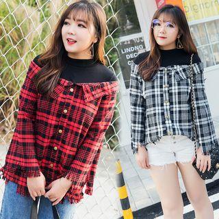Plaid Panel Fringed Long-sleeve Top