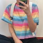 Short-sleeve Rainbow Stripe T-shirt As Shown In Figure - One Size